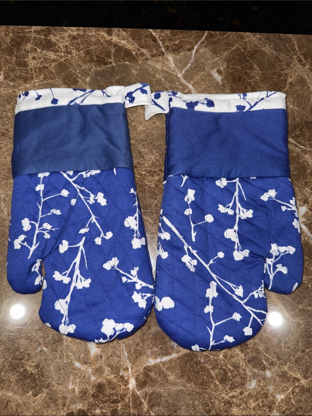 Blue Floral Quilted Oven Mitts with Cuff and Hanging Loop
